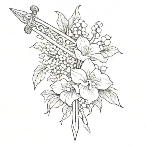 sword with lily of the valley and poppy  tattoo design idea