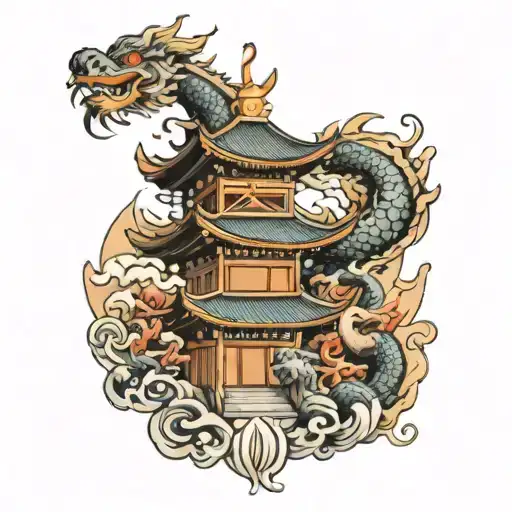 A neotraditional tattoo of a Japanese temple with a dragon winding around it, symbolizing strength and protection tattoo design idea
