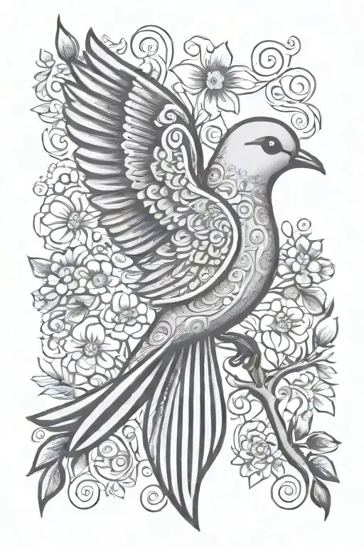 Hungarian Folk Art style dove,  with gentle face, Family, 3 Hungarian folk art folk flowers, Faith, olive branch tattoo design idea