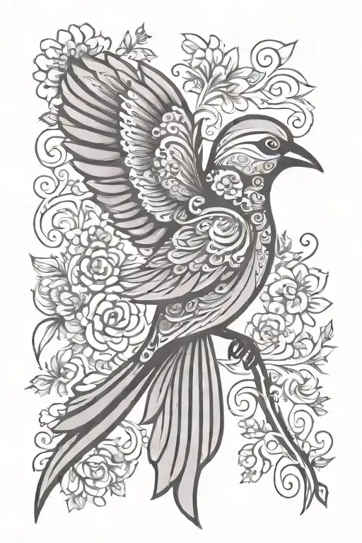 Hungarian Folk Art style Bird, with gentle face, Family, 3 Hungarian folk art folk flowers, Faith,  tattoo design idea