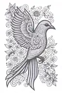 Hungarian Folk Art style dove,  with gentle face, Family, 3 Hungarian folk art folk flowers, Faith, olive branch tattoo design idea