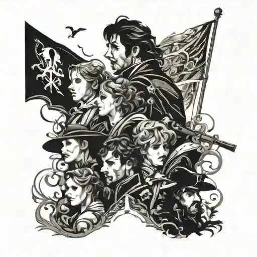 A dynamic composition of various characters from Les Miserables in a stylized blackwork design, showcasing the passion and drama of the musical tattoo design idea