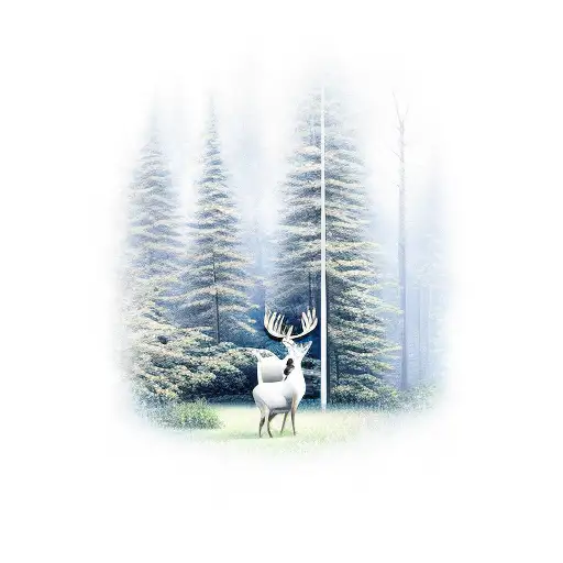 Realistic depiction of a serene forest with a central lamppost and a majestic white deer tattoo design idea