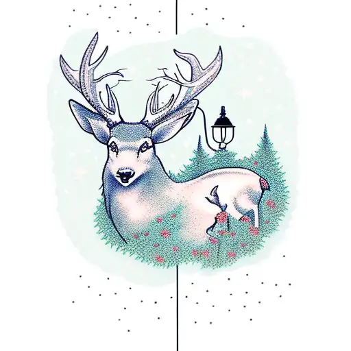 Realistic depiction of a serene forest with a central lamppost and a majestic white deer tattoo design idea