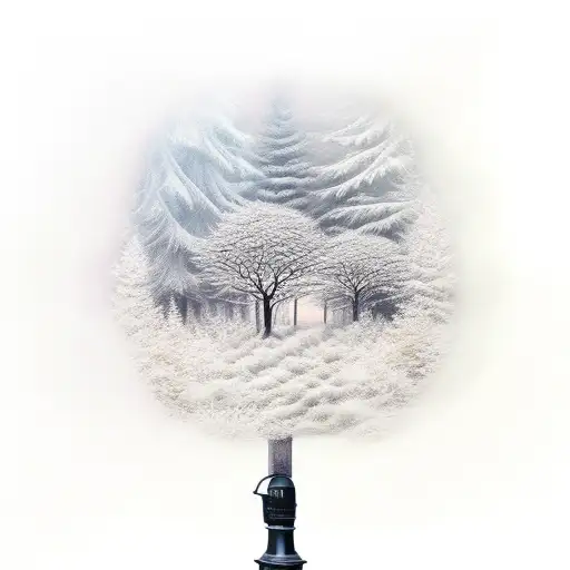 Realistic depiction of a serene forest with a central lamppost and a majestic white deer tattoo design idea