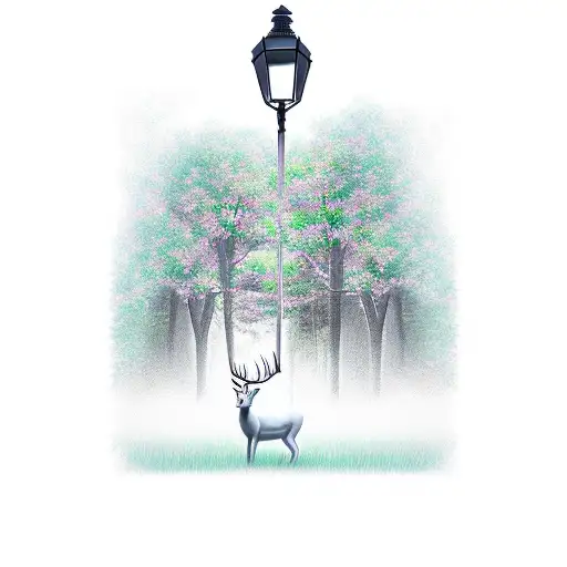 Realistic depiction of a serene forest with a central lamppost and a majestic white deer tattoo design idea
