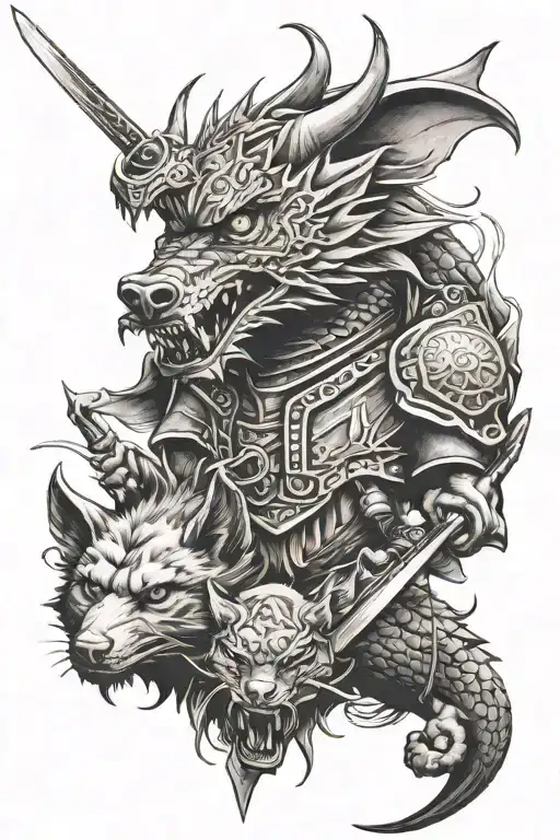 dragon, samurai, wolf, dagger tattoo design idea