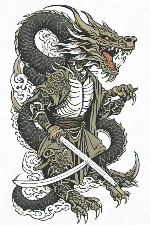 dragon, samurai, wolf, dagger tattoo design idea