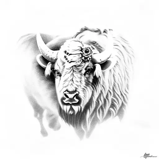 small white buffalo walking through sunflowers tattoo design idea