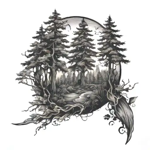 A tattoo of a mysterious forest scene with hidden clues related to criminology tattoo design idea