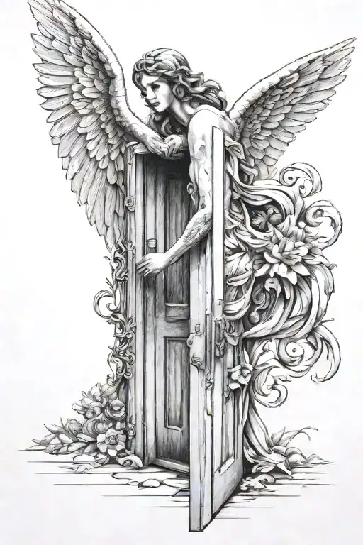 an angel in front of 2 doors. One door is paradise and other door is hell tattoo design idea