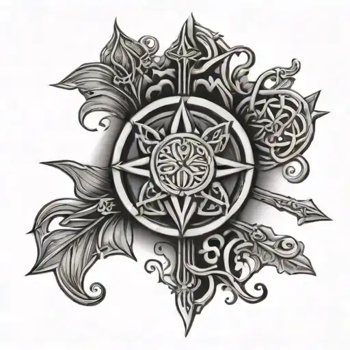 hindu trident, lotus flower, norse shield, celtic knot, odin spear tattoo design idea