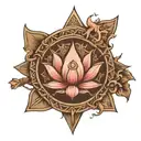 lotus flower, hindu trident, om symbol, odin spear, norse shield, colloseum tattoo design idea