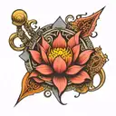 lotus flower, hindu trident, om symbol, odin spear, norse shield, colloseum tattoo design idea