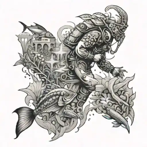 A sketch-style tattoo of a diver exploring a sunken city, with schools of fish, seahorses, and a mix of Maori and arrow motifs tattoo design idea