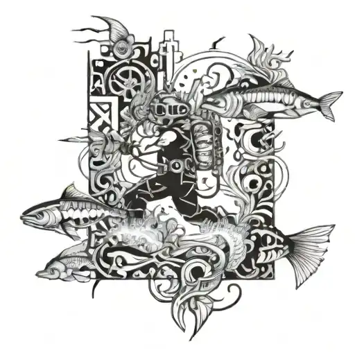 A sketch-style tattoo of a diver exploring a sunken city, with schools of fish, seahorses, and a mix of Maori and arrow motifs tattoo design idea