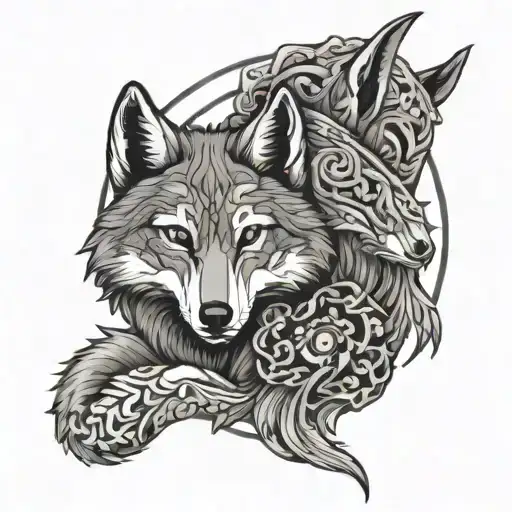 An abstract design of a wolf and a fox (kitsune) intertwined in a yin-yang symbol, reflecting the client's love for animals and the balance between their analytical side and creative spirit tattoo design idea