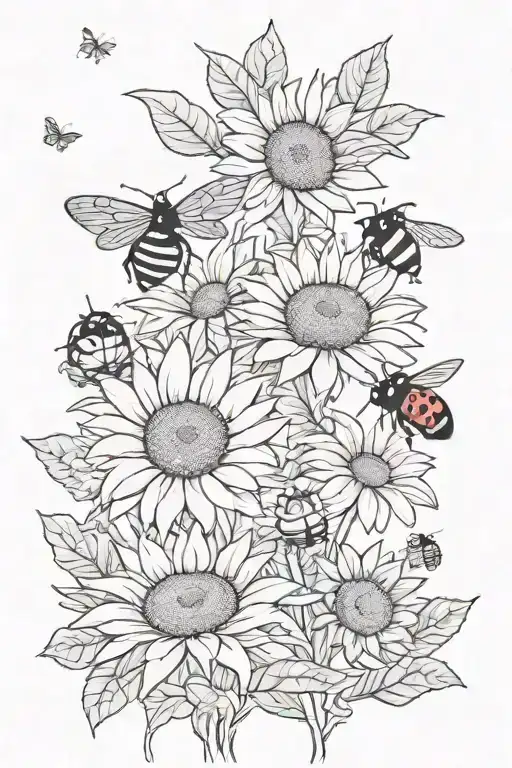 daisy, sunflower, lily, ladybug, bumblebee flying near tattoo design idea