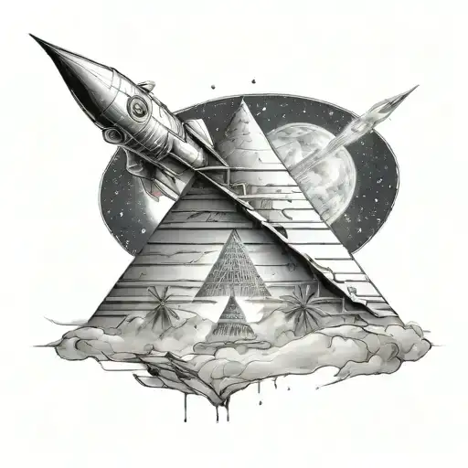 An abstract tattoo design of a pyramid morphing into a rocket ship, symbolizing the client's passion for evolution and space exploration tattoo design idea