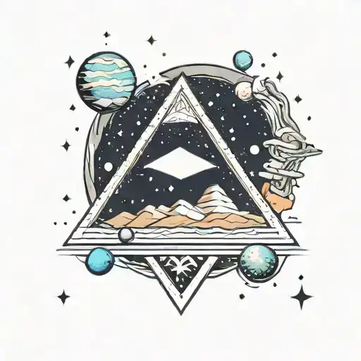 A cosmic tattoo design of a pyramid floating in space with planets and stars around it, capturing the client's fascination with space and bright colors tattoo design idea