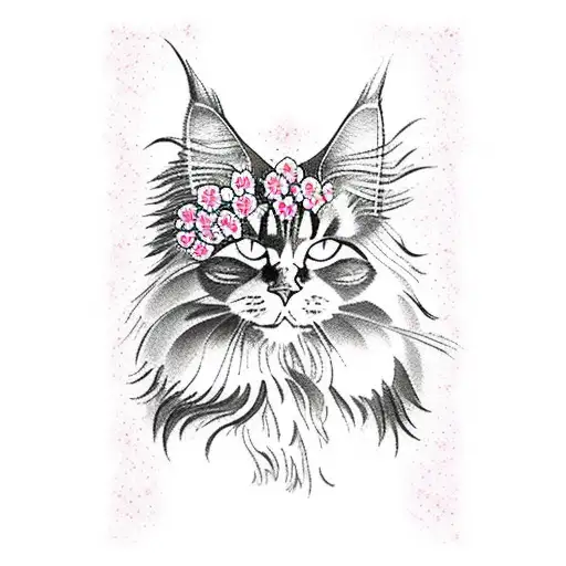 maine coon cat and cherry blossoms tattoo design idea