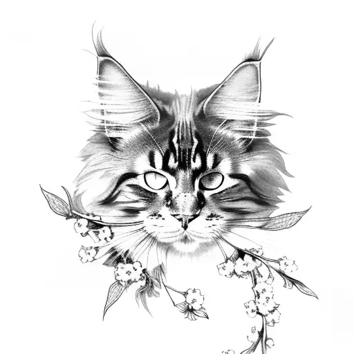 Maine Coon with Cherry Blossom Flowers tattoo design idea
