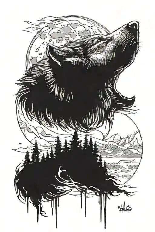 Wolfs howling moon below the name Volkovs tattoo design idea