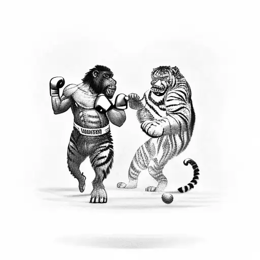 A black-grey tattoo of a tiger and a gorilla facing off in a boxing ring tattoo design idea