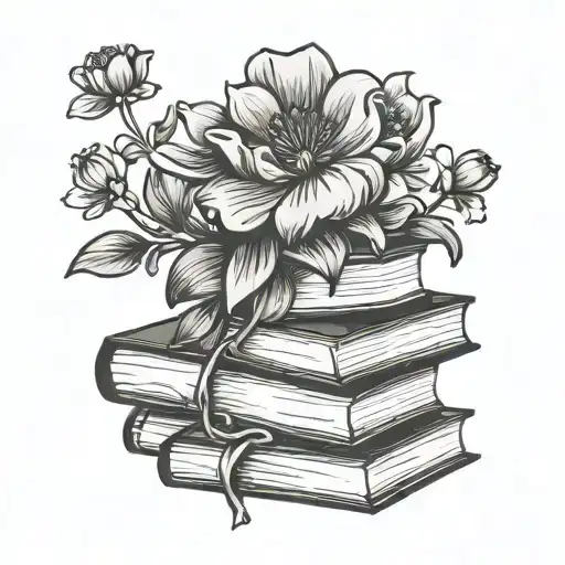 A minimalist tattoo of flowers blooming out of a stack of books tattoo design idea