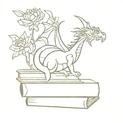 A minimalist tattoo of a dragon perched on top of a stack of books with flowers  tattoo design idea