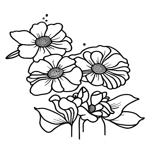 2 marigolds, 2 poppys and one snowdrop in black and white with dainty greenery tattoo design idea