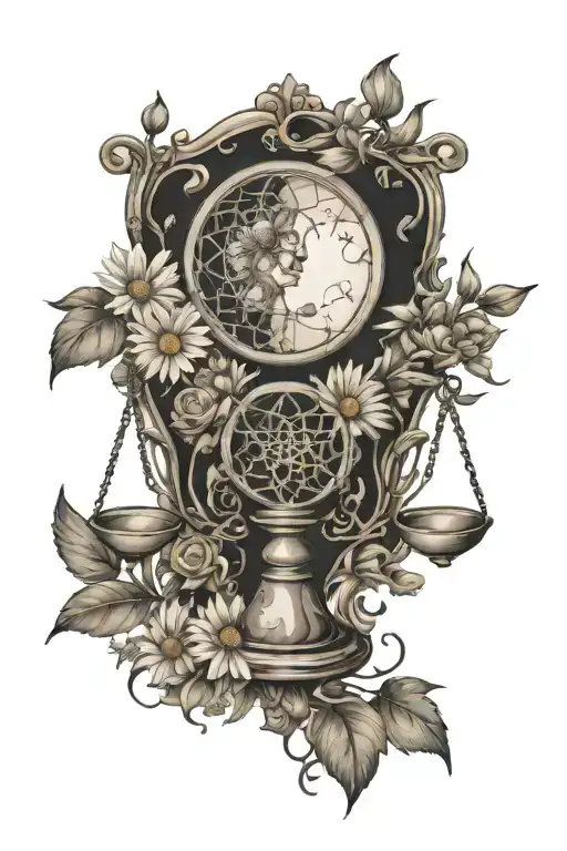 daisies and sweet peas with children playing and hourglass moon dreamcatcher  tattoo design idea