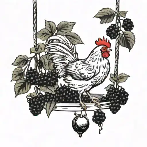 chicken on a swing, surrounded by blackberries, tomato, rhubarb tattoo design idea