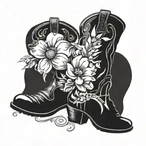 cowboy boots with flowers coming out the top with paw prints  tattoo design idea