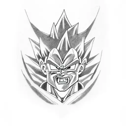 Incorporate elements of Dragon Ball Z and military insignias into a traditional tattoo design, featuring Vegeta as a central character tattoo design idea
