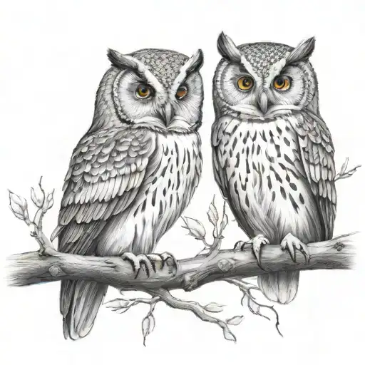 Two owls on branch surrounded tattoo design idea