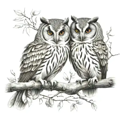 Two owls on branch surrounded tattoo design idea