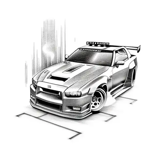 A tattoo of a Nissan GTR R34 speeding alongside a Mack truck and a Peterbilt truck, paying homage to your favorite vehicles from 'Fast and the Furious' tattoo design idea