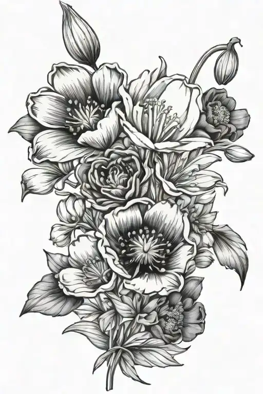 snowdrop poppy and cosmos flower bouquet tattoo design idea