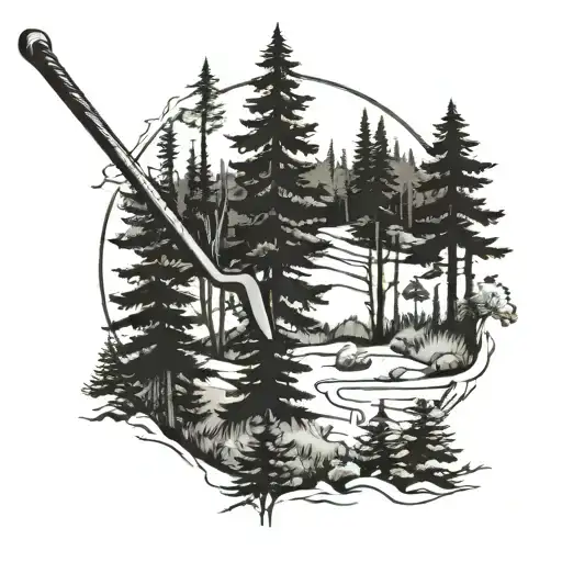 A forest landscape with a hockey stick, shotgun, golf club and eeyore hidden among the trees tattoo design idea