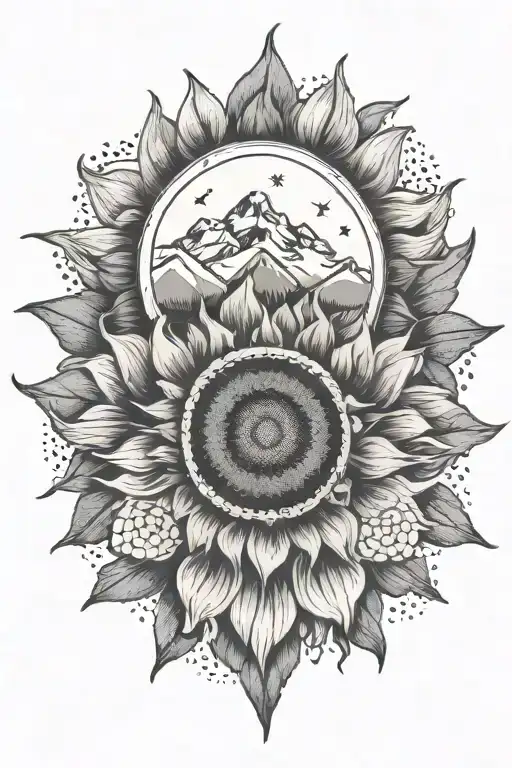 sunflower, mountains, adventure, camping, compass, hunting tattoo design idea