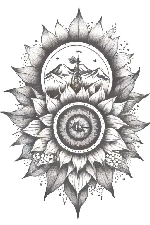 sunflower, mountains, adventure, camping, compass, hunting tattoo design idea