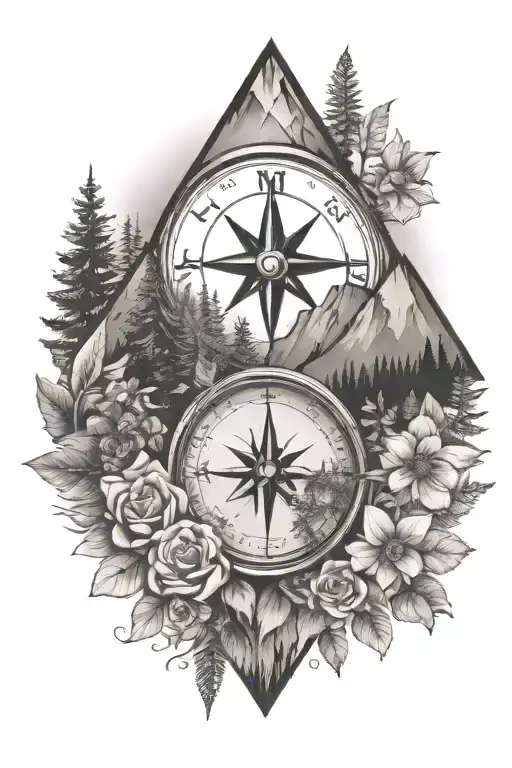 floral, mountains, adventure, camping, compass, hunting tattoo design idea