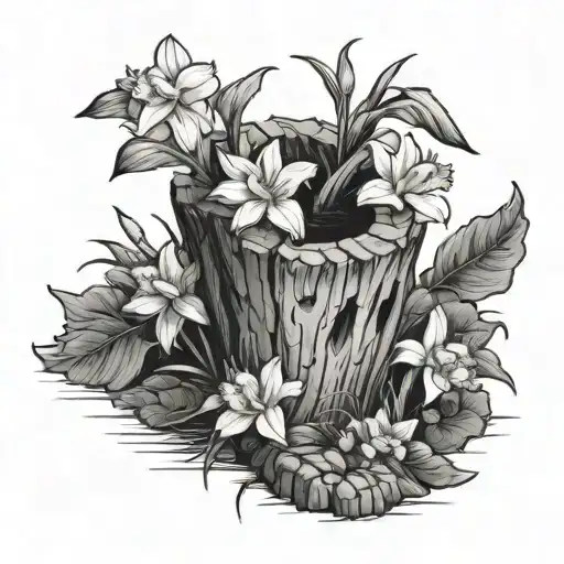 Tree stump with daffodil, jonquil, aster and morning glory growing out of it  tattoo design idea