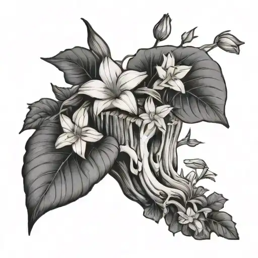 Tree stump with morning glory, daffodil, jonquil, and aster growing out of it  tattoo design idea