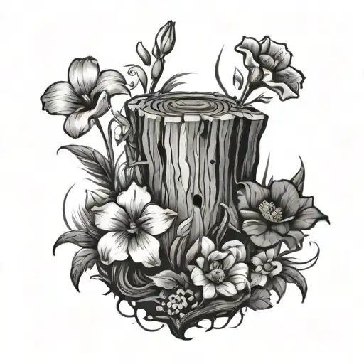Tree stump with poppy, gladiolus, marigold and cosmos flowers   tattoo design idea