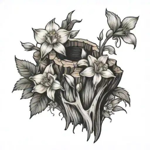 Tree stump with daffodil, jonquil, aster and morning glory growing out of top tattoo design idea