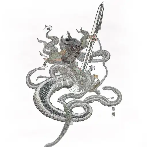 Geisha riding a serpent into battle against a giant mechanical ape tattoo design idea