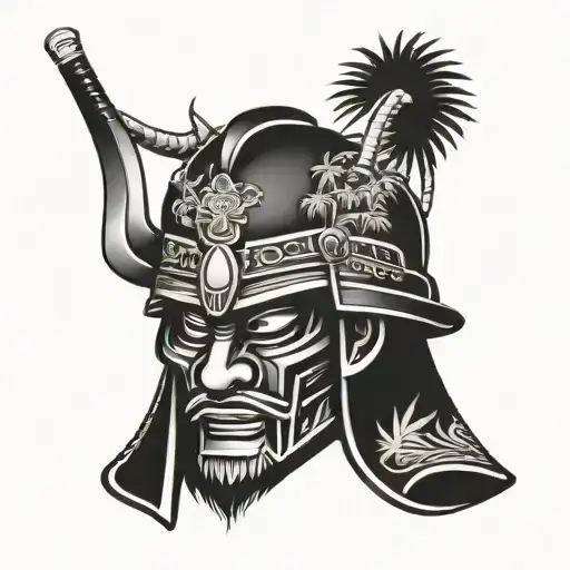 Samurai head with helmet with palm trees and dice rolling tattoo design idea