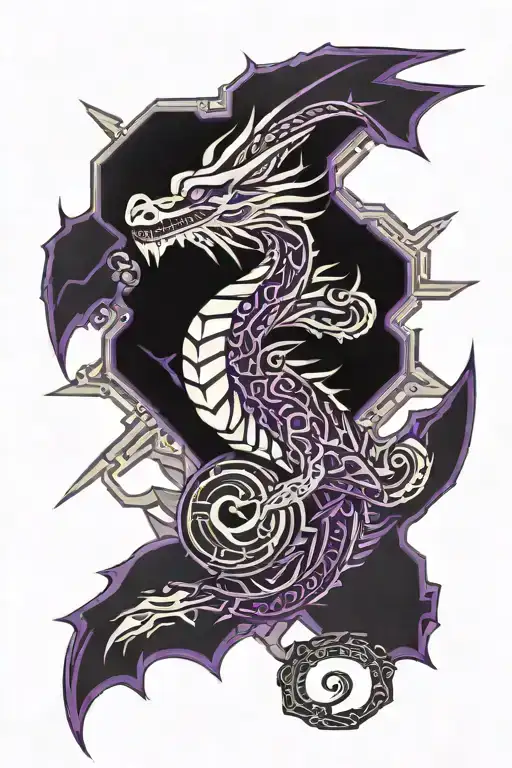 tribal dragon, purple lotus flower tattoo design idea